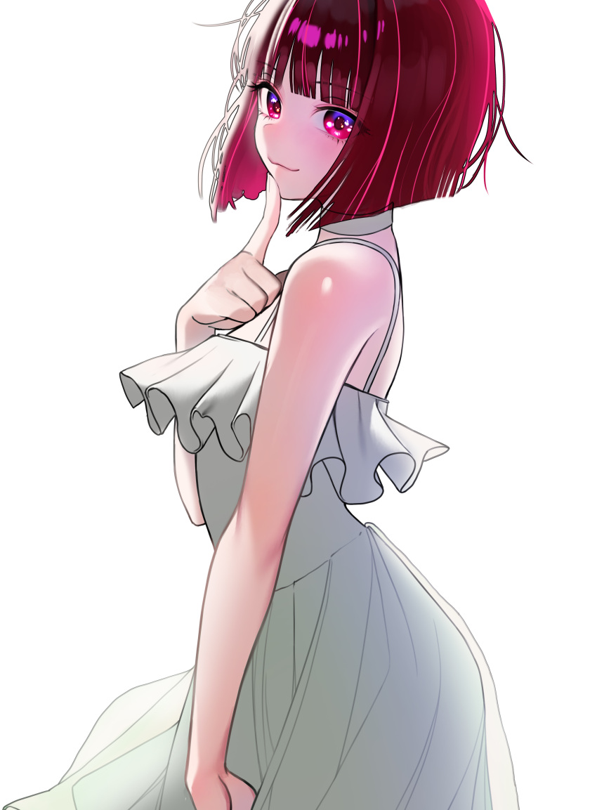 1girl, absurdres, arima_kana, blunt_ends, blush, bori_illust, commentary_request, dress, finger_to_own_chin, frilled_dress, frills, highres, korean_commentary, looking_at_viewer, oshi_no_ko, red_eyes, redhead, short_hair, simple_background, smile, solo, white_background, white_dress