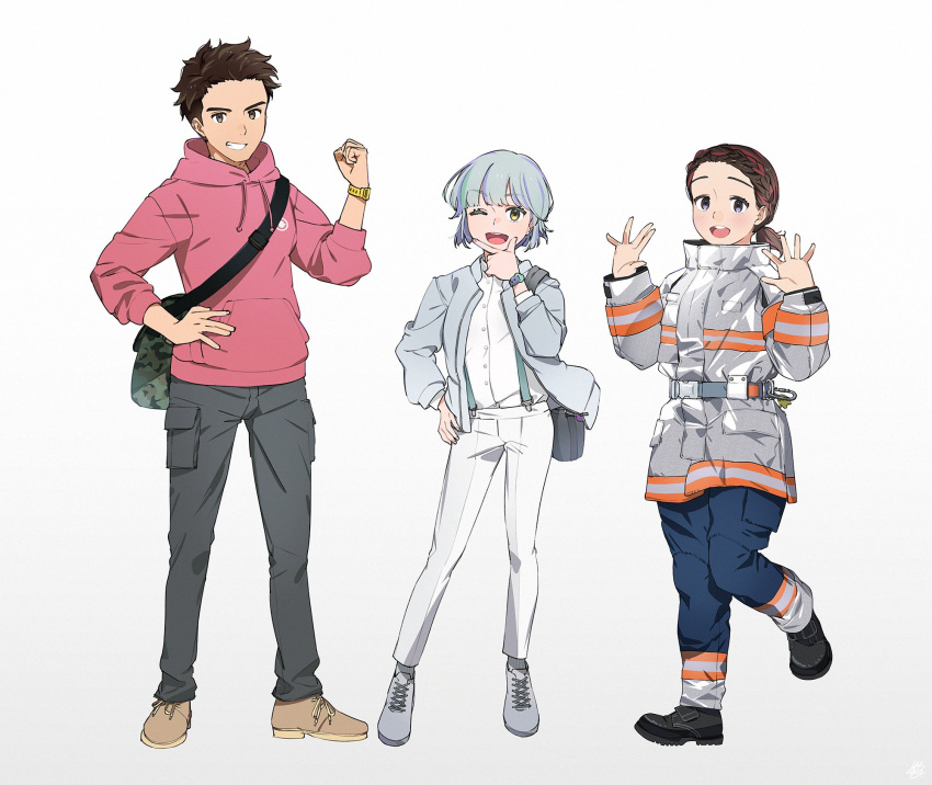1boy, 2girls, brown_hair, chikatetsu_ni_noru!, city_of_kyoto_government, firefighter_jacket, grey_hair, grey_jacket, highres, hood, hoodie, jacket, juujou_takeru, kyono_tsukasa, kyoto_city_fire_department, kyoto_municipal_subway, multicolored_hair, multiple_girls, nijou_aoi, one_eye_closed, pink_hoodie, short_hair, smile, sowichi, watch