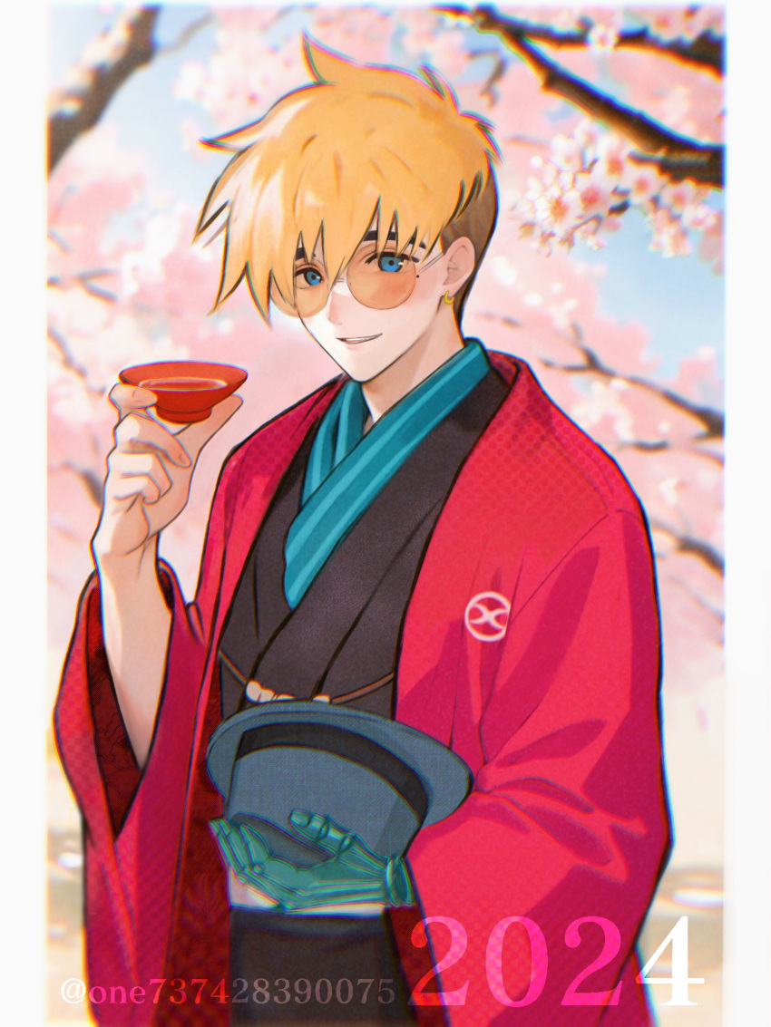1boy, asymmetrical_hair, black_kimono, blonde_hair, blue_eyes, border, cherry_blossoms, cup