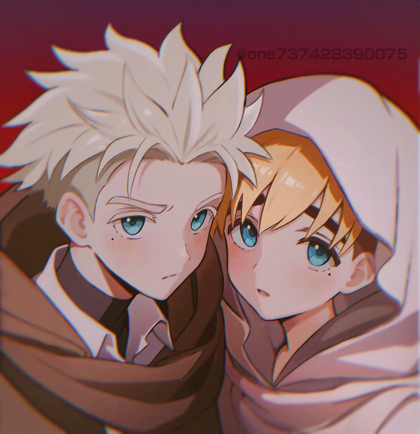 2boys, asymmetrical_hair, black_shirt, blonde_hair, blue_eyes, brothers, brown_robe, child