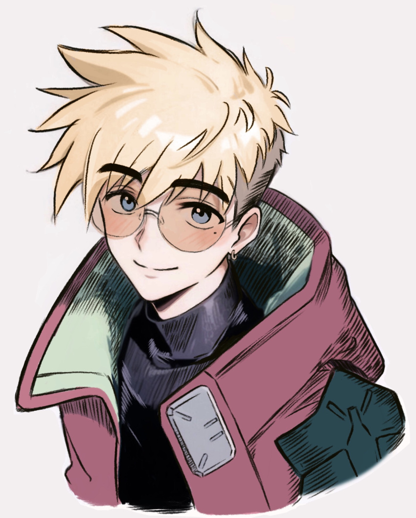 1boy, armor, asymmetrical_hair, black_shirt, blonde_hair, blue_eyes, closed_mouth, coat