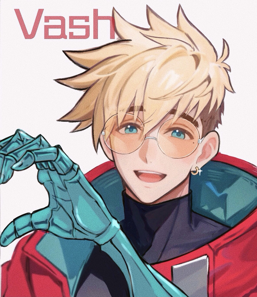 1boy, asymmetrical_hair, black_shirt, blonde_hair, blue_eyes, character_name, coat, earrings