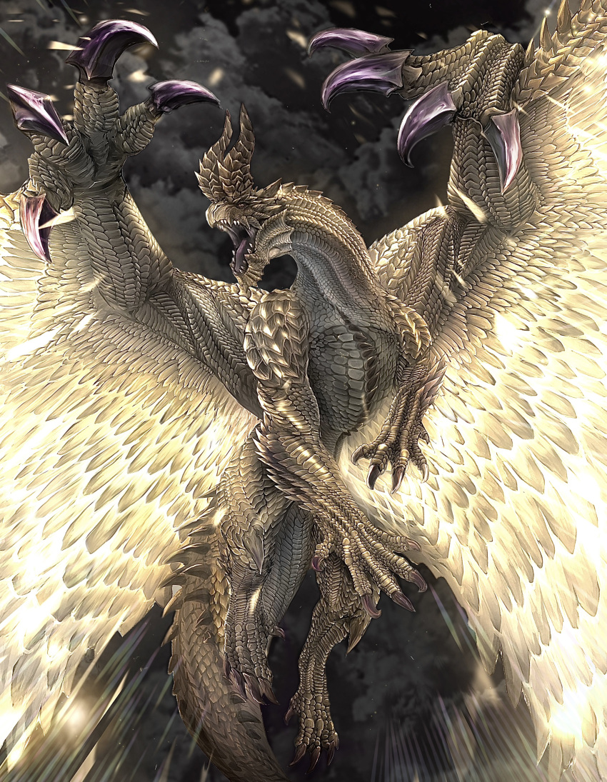 absurdres, chin_spike, claws, colored_sclera, dragon, dragon_horns, dragon_tail, dragon_wings