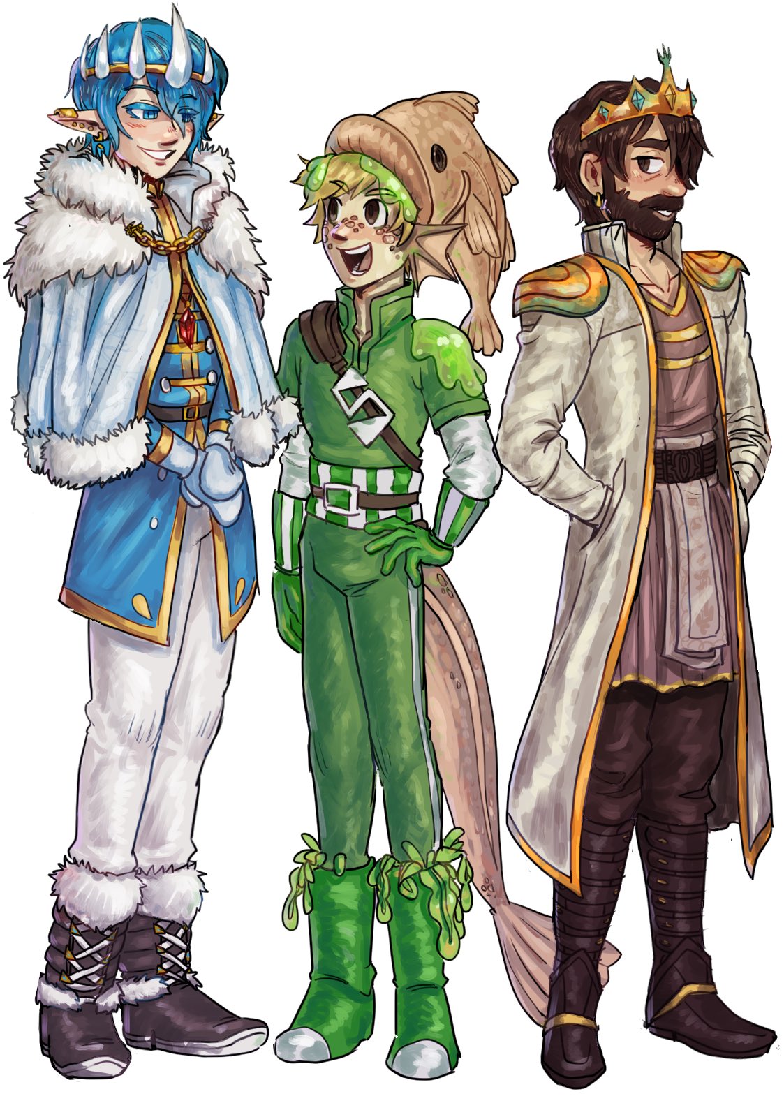 3boys, :d, adapted_costume, androgynous, beard, bishounen, blonde_hair, blue_eyes