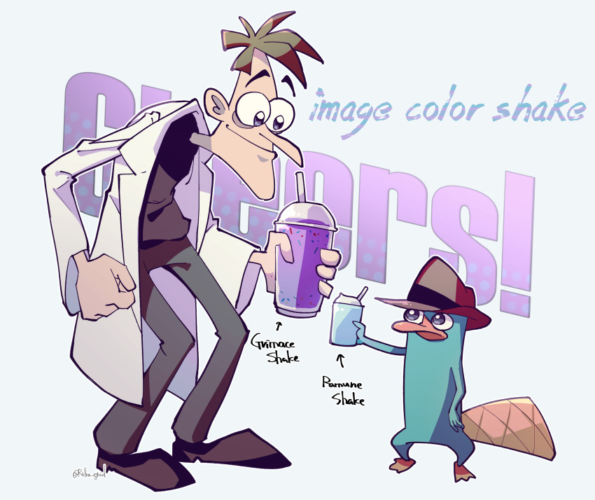 2boys, aqua_skin, black_shirt, brown_hair, closed_mouth, cup, drink, english_text, fedora, hat, heinz_doofenshmirtz, highres, holding, holding_cup, lab_coat, mitou_ralka, multiple_boys, orange_tail, pants, perry_the_platypus, phineas_and_ferb, platypus, shirt, short_hair, upper_body