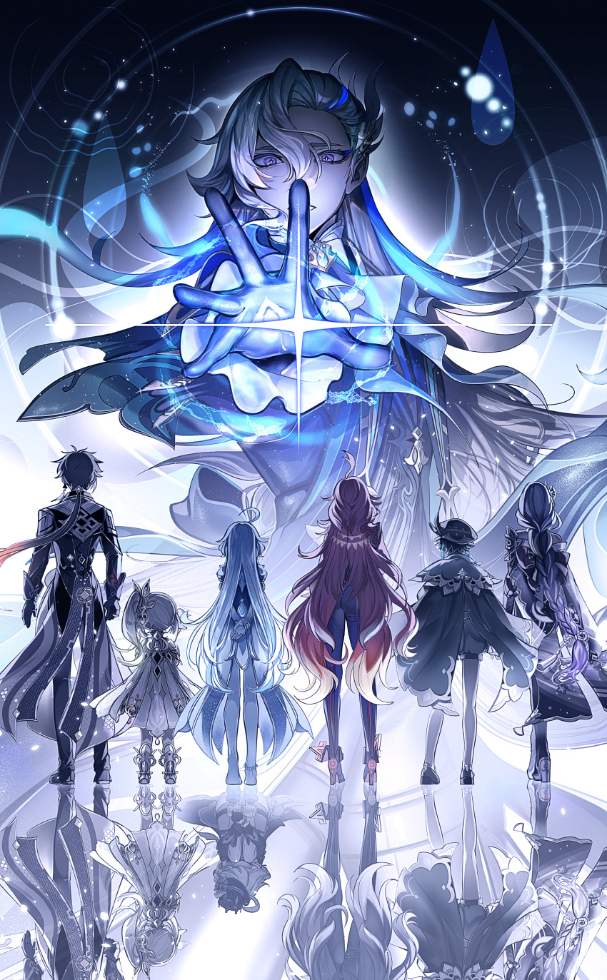 3boys, 5girls, absurdres, ahoge, antenna_hair, arm_up, armor, arms_at_sides