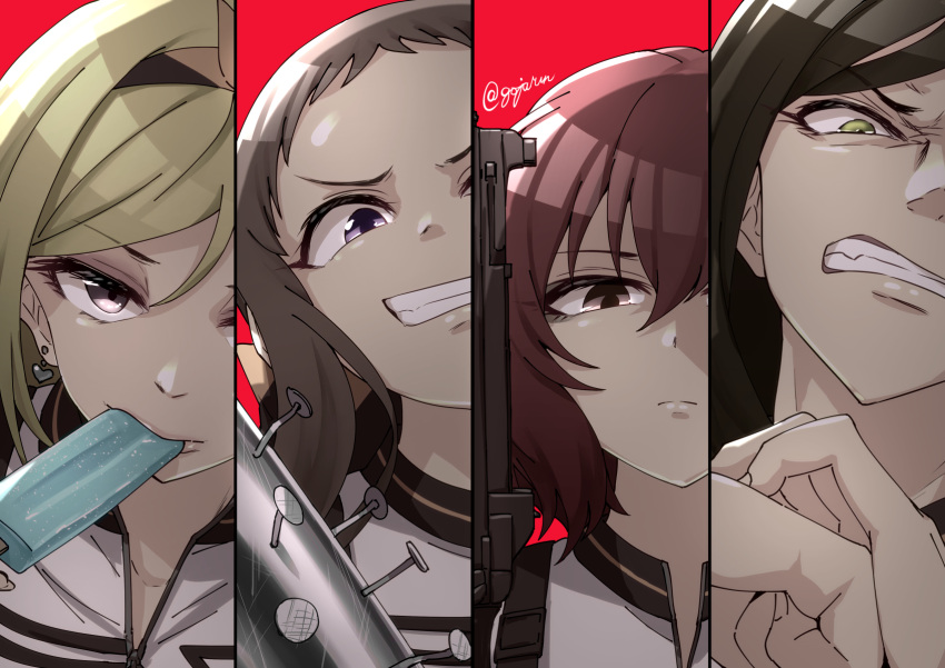 4girls, angry, baseball_bat, black_hair, blonde_hair, cinderella_girls_gekijou, fang, fist_in_hand