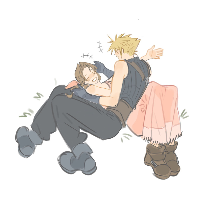 1boy, 1girl, aerith_gainsborough, baggy_pants, bare_shoulders, belt, black_pants, blonde_hair