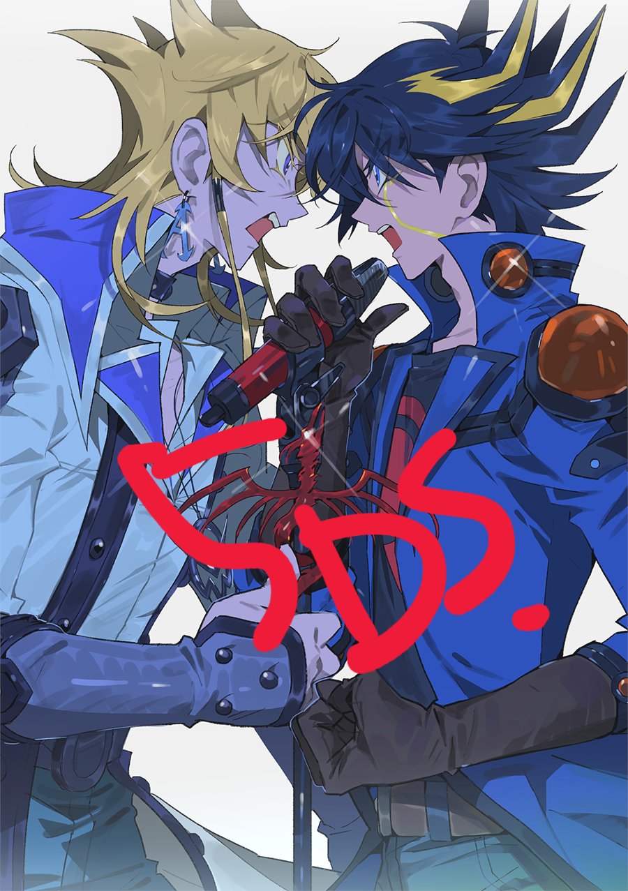 2boys, black_hair, black_shirt, blonde_hair, blue_jacket, brown_gloves, clenched_hand, coat