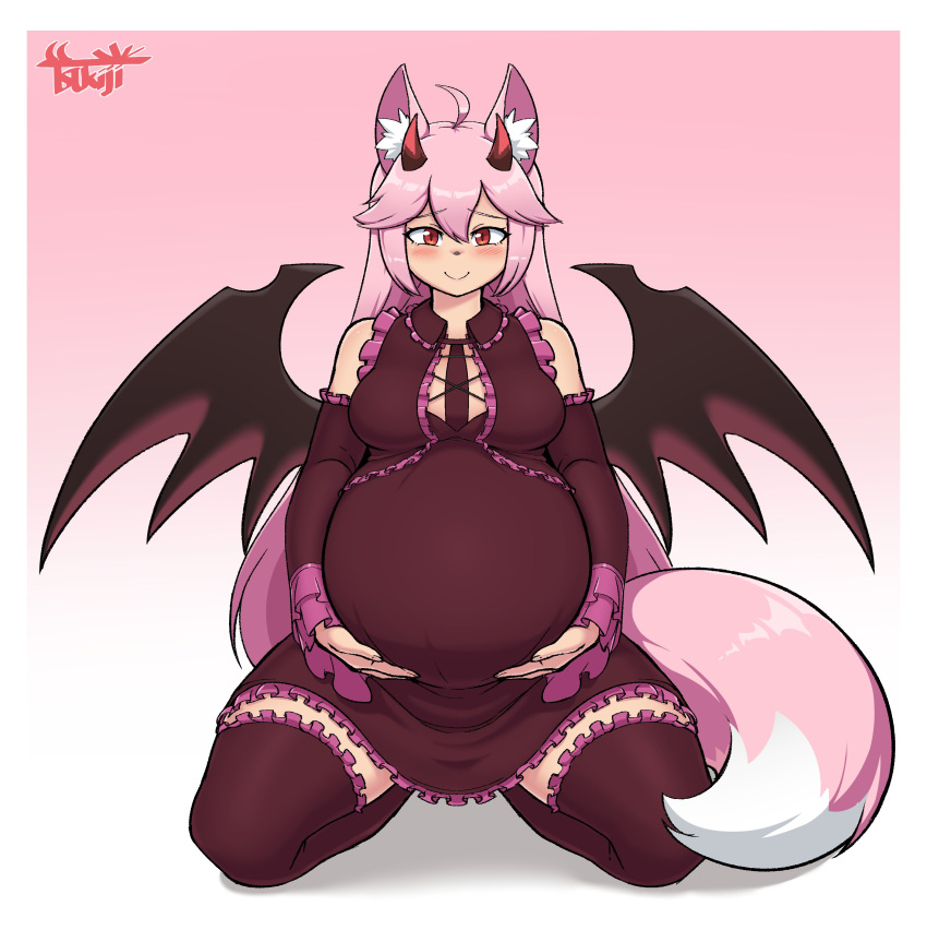 absurdres, belly, big_belly, blush, breasts, hands_on_own_stomach, highres, long_hair