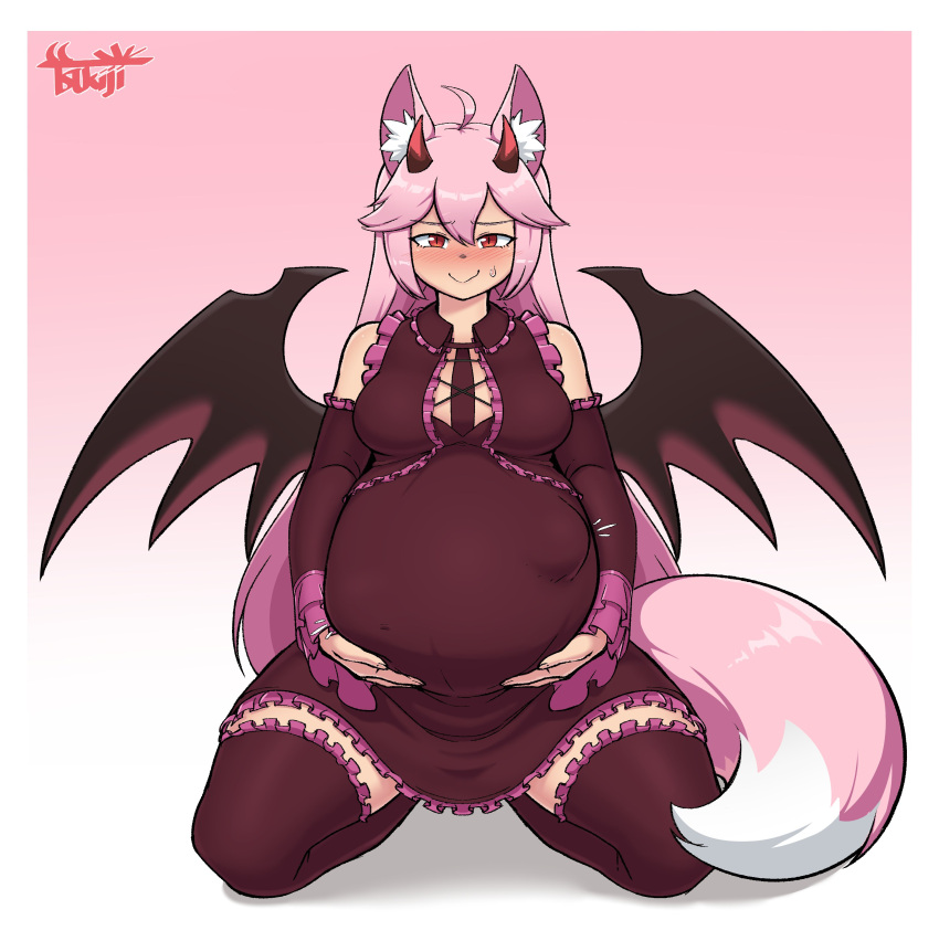 absurdres, belly, big_belly, blush, breasts, hands_on_own_stomach, highres, kicking