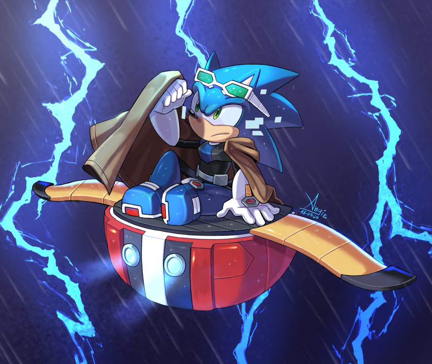 1boy, absurdres, angiethecat, artist_name, blue_bodysuit, blue_footwear, bodysuit, boots, eggstreme_gear_(sonic), english_commentary, eyewear_on_head, full_body, gloves, green_eyes, hedgehog_boy, highres, lightning, male_focus, phantom_rider_(sonic), rain, sonic_(series), sonic_the_hedgehog, sonic_the_hedgehog_(idw), sunglasses, white_gloves