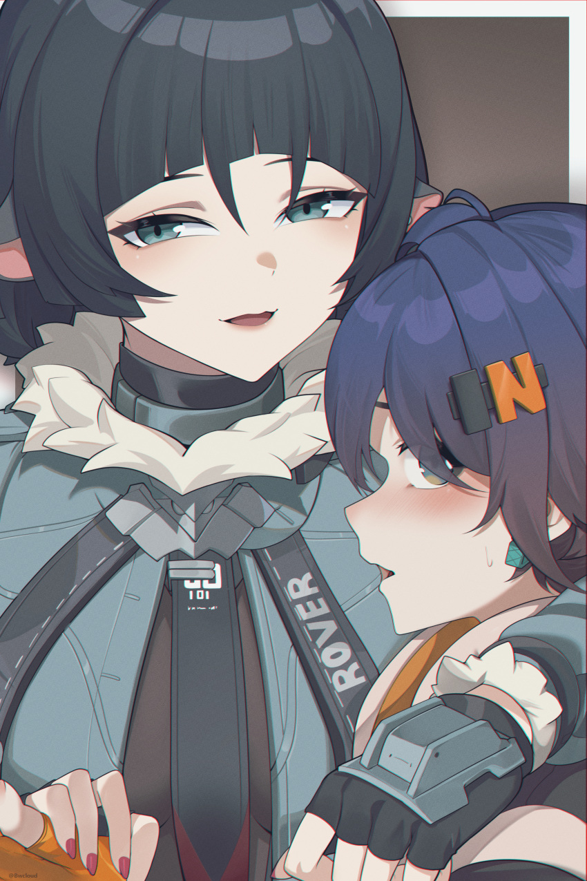 2girls, :d, absurdres, aqua_eyes, belle_(zenless_zone_zero), black_gloves, black_hair, blue_hair