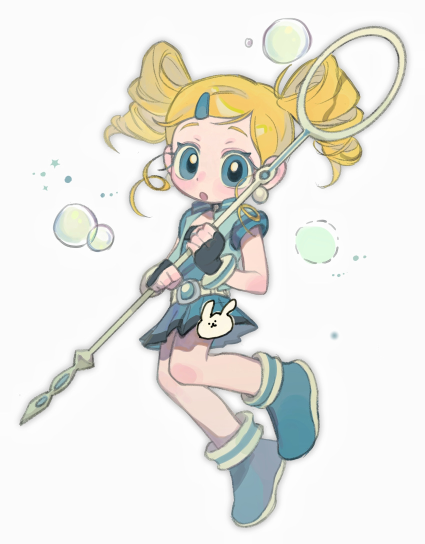 1girl, :o, belt, blonde_hair, blue_eyes, blush, boots, bubble_wand