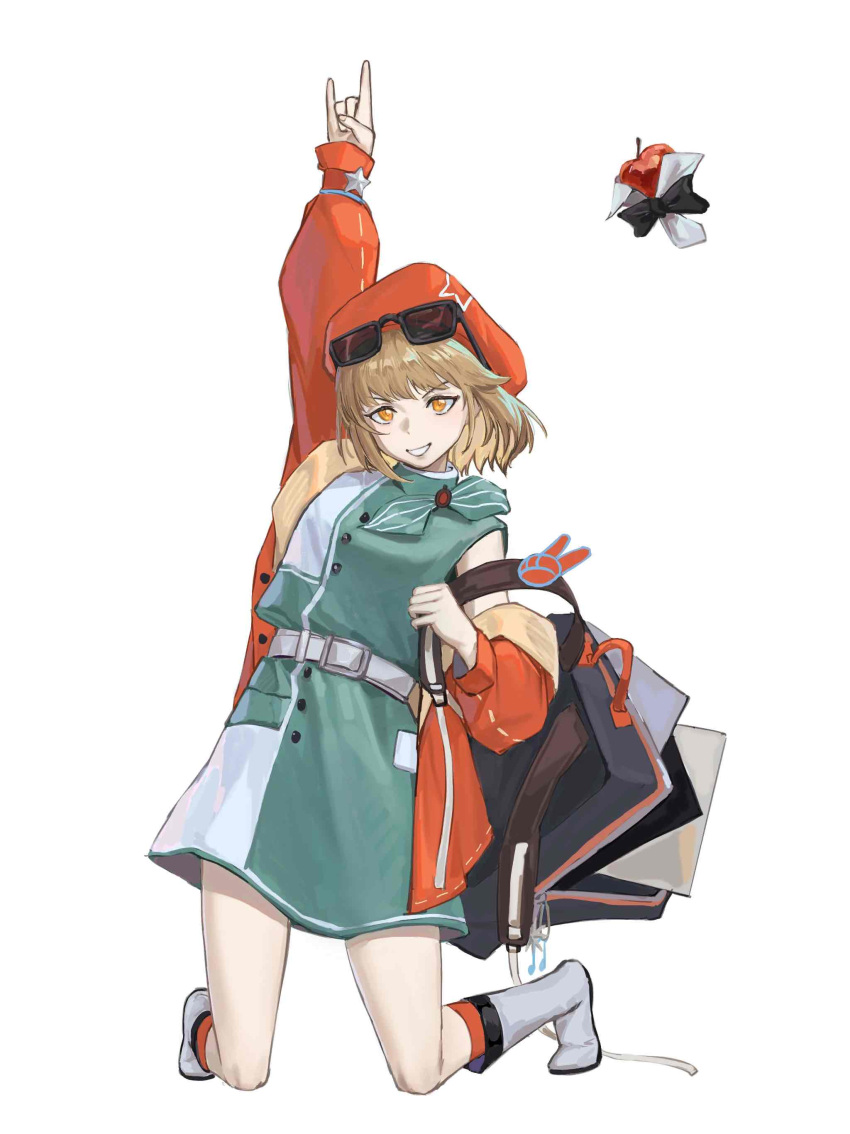 1girl, \n/, absurdres, apple, apple_(reverse:1999), aqua_dress, aqua_neckerchief, arm_up