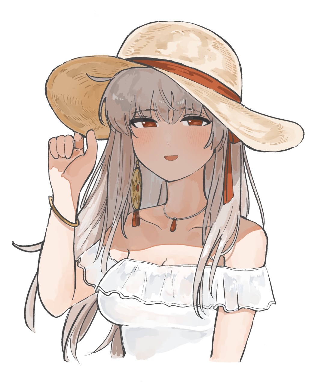 1girl, :d, alternate_costume, bare_shoulders, bracelet, cropped_torso, durga_(fate), earrings