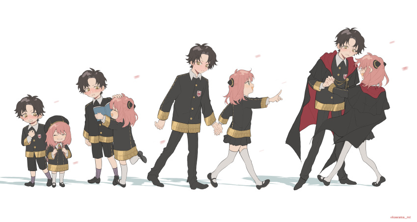 1boy, 1girl, absurdres, age_progression, aged_up, anya's_heh_face_(meme), anya_(spy_x_family), black_hair