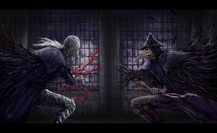1boy, 1girl, armor, azure_meraki, beak, bird_mask, black_cloak, blade_of_mercy, blood, bloodborne, bloody_crow_of_cainhurst, boots, cape, chikage_(bloodborne), clenched_hand, clenched_hands, cloak, coat, collar, confrontation, covered_face, cuisses, eileen_the_crow, feather-trimmed_cape, feather-trimmed_coat, feather-trimmed_jacket, feather_trim, feathers, fighting, fighting_stance, fromsoftware, gauntlets, gloves, greaves, hat, helm, helmet, holding, holding_sword, holding_weapon, hood, hood_up, indoors, katana, knight, leather, leather_boots, leather_gloves, long_coat, long_hair, mask, ornate_armor, ornate_pattern, pants, plague_doctor_mask, poleyn, ready_to_draw, running, sheath, sword, unsheathing, vambraces, weapon, white_hair, window