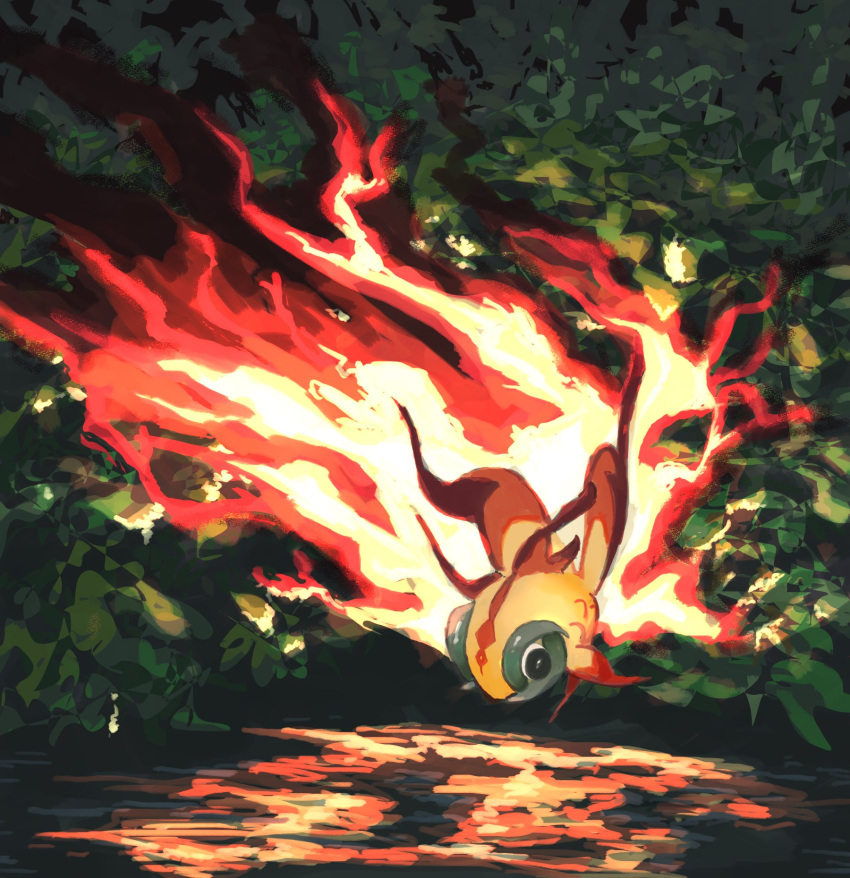 black_eyes, burning, chi-yu_(pokemon), colored_skin, fire, fish, floating, foliage