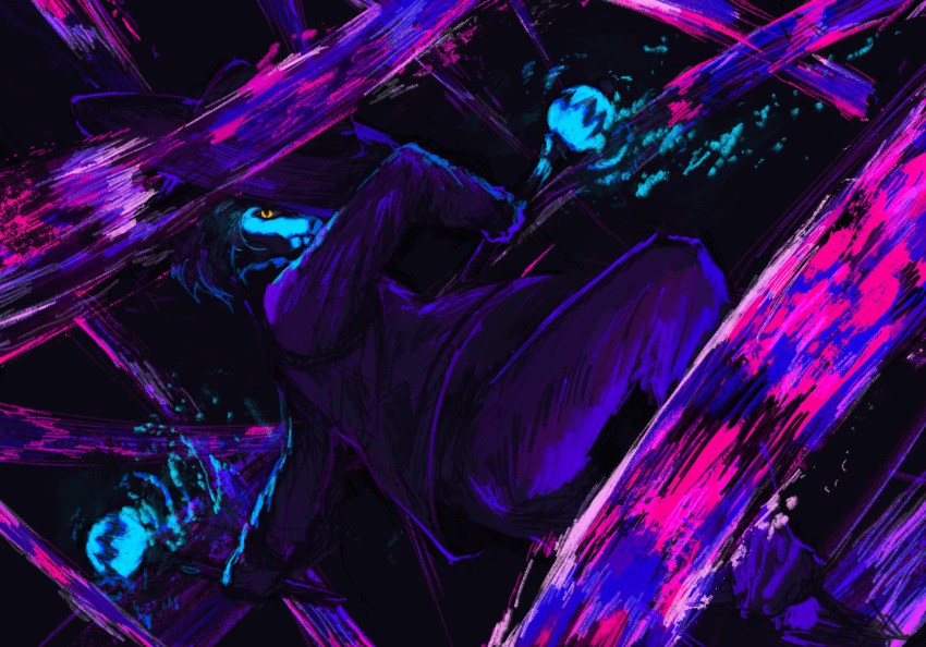 1boy, algro778, dodging, facepaint, glow-in-the-dark, hat, highres, instrument