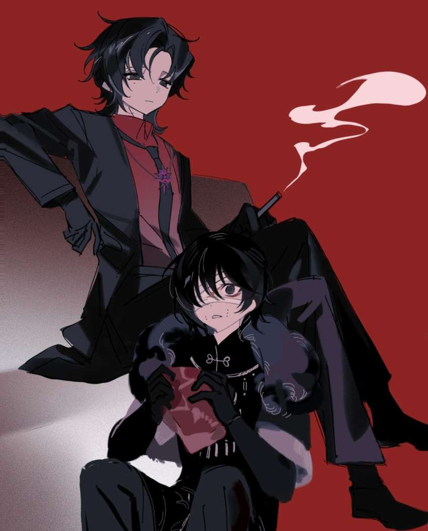 2boys, bandage_over_one_eye, black_capelet, black_footwear, black_gloves, black_hair, black_jacket, black_pants