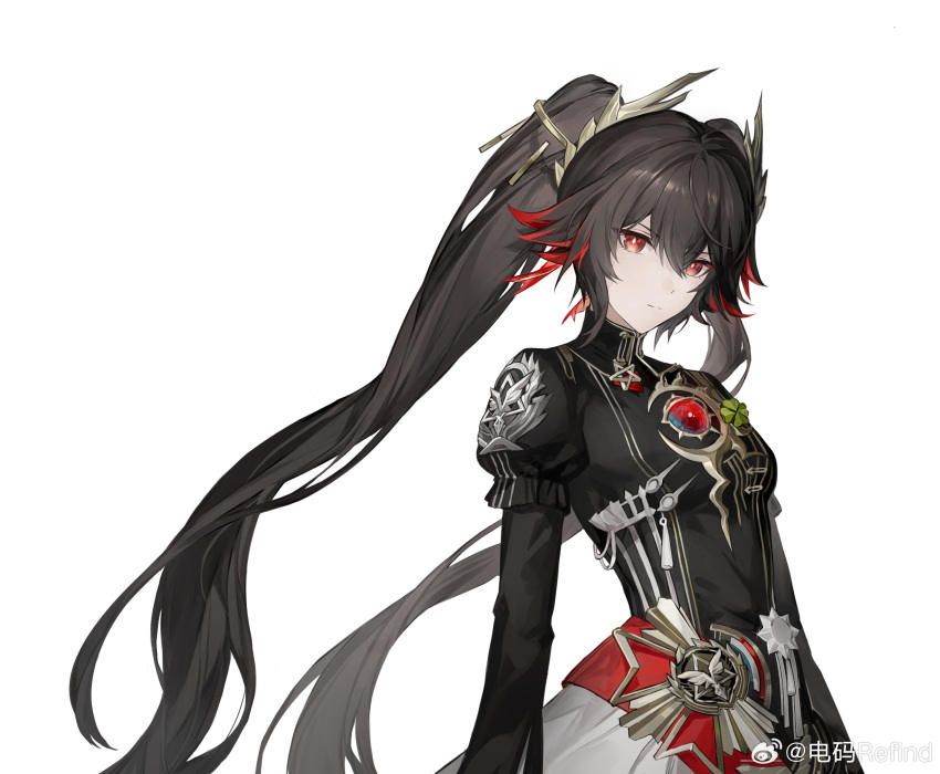 1girl, badge, black_dress, black_hair, breasts, closed_mouth, clover, colored_tips