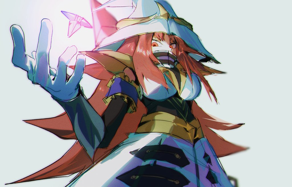1girl, beyond_the_pendulum, breasts, cowboy_shot, dress, duel_monster, hat, jeonbyeong29172
