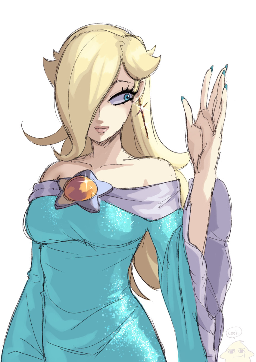 1girl, absurdres, aqua_dress, bare_shoulders, blonde_hair, blue_dress, blue_eyes, blue_nails, breasts, brooch, dress, earrings, eyelashes, fingernails, gingrjoke, glint, glitter_dress, hair_over_one_eye, hand_up, highres, jewelry, large_breasts, long_fingernails, long_hair, long_sleeves, looking_to_the_side, nail_polish, no_headwear, off-shoulder_dress, off_shoulder, rosalina, smile, solo, star_(symbol), star_brooch, star_earrings, super_mario_bros., super_mario_galaxy, upper_body, waving, wide_sleeves, yellow_gemstone