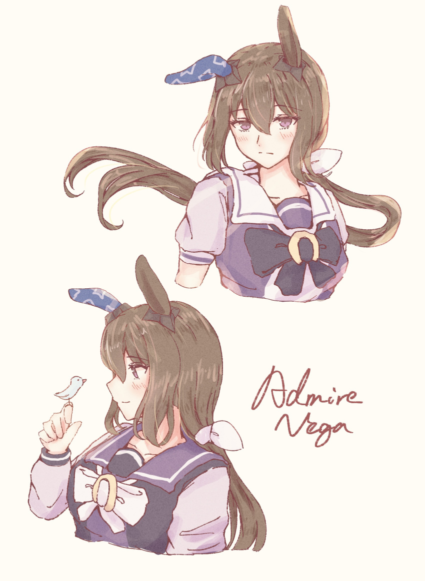 1girl, absurdres, admire_vega_(umamusume), animal_ears, b0tam0chi3, bird, bird_on_hand, blush