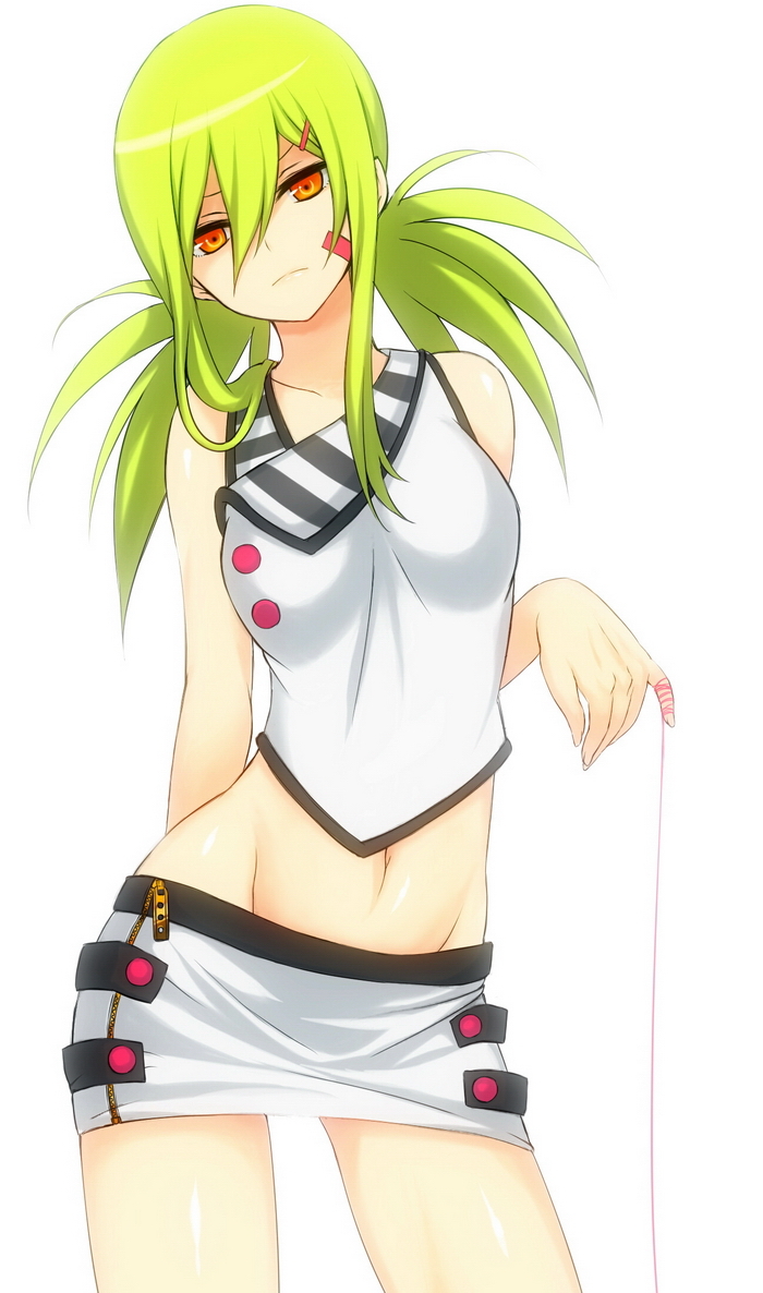 abs, bare_shoulders, blonde_hair, chikage36, green_hair, long_hair, looking_at_viewer, midriff