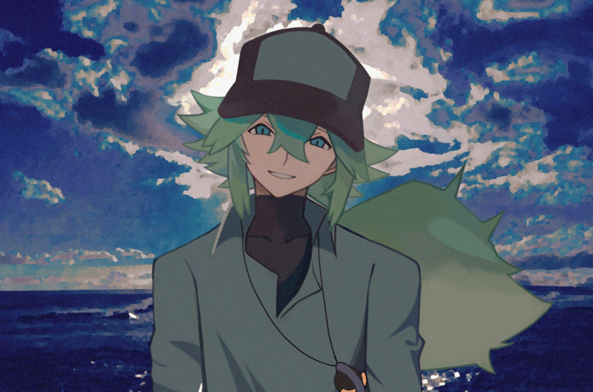 1boy, baseball_cap, black_hat, black_shirt, clouds, covered_collarbone, green_eyes, green_hair