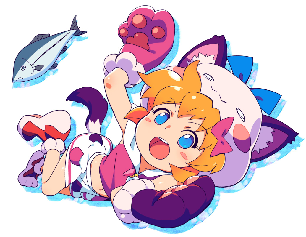 blonde_hair, blue_eyes, blush, fish, fushigi_mahou_fun_fun_pharmacy, midriff, om_(artist), paws