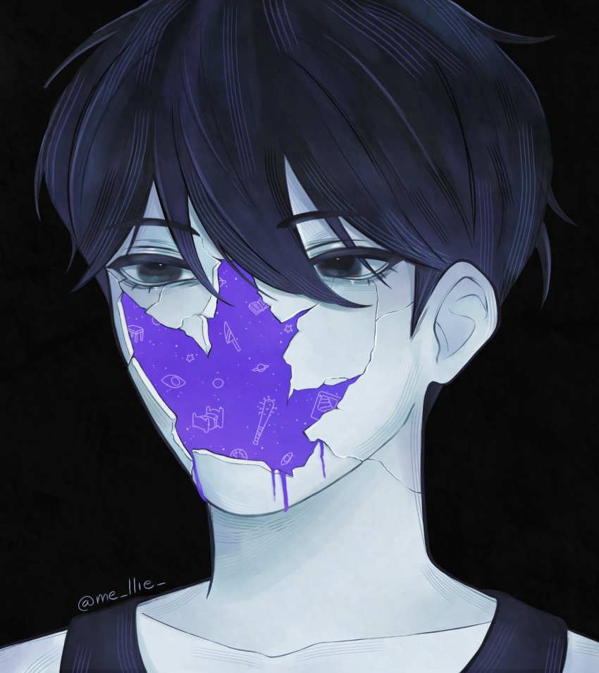 1boy, black_eyes, black_hair, body_horror, close-up, collarbone, colored_skin, highres, madra_(album), male_focus, mel_(melmellie), newdad, omori, omori_(omori), short_hair, solo, spot_color, twitter_username, upper_body, white_skin