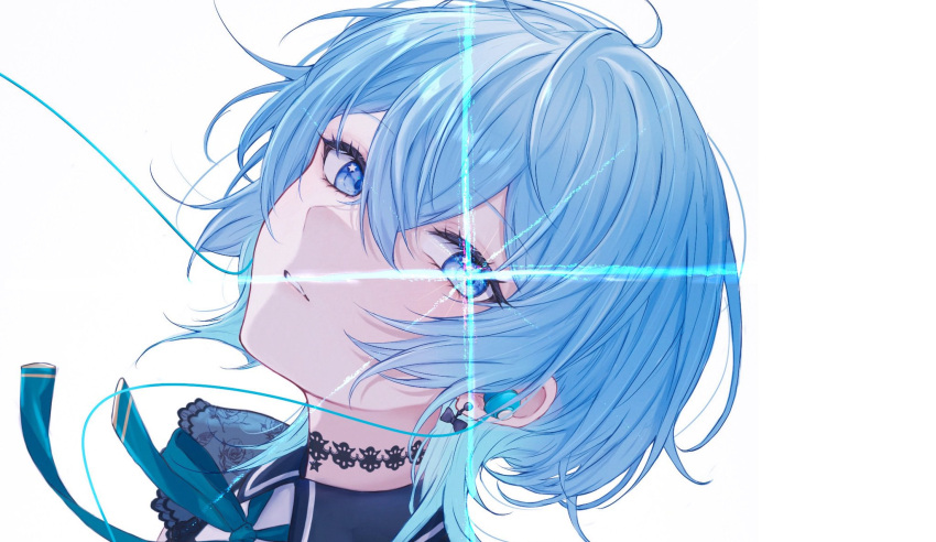 1girl, black_bow, black_choker, blue_eyes, blue_hair, blue_jacket, bow, bow_earrings