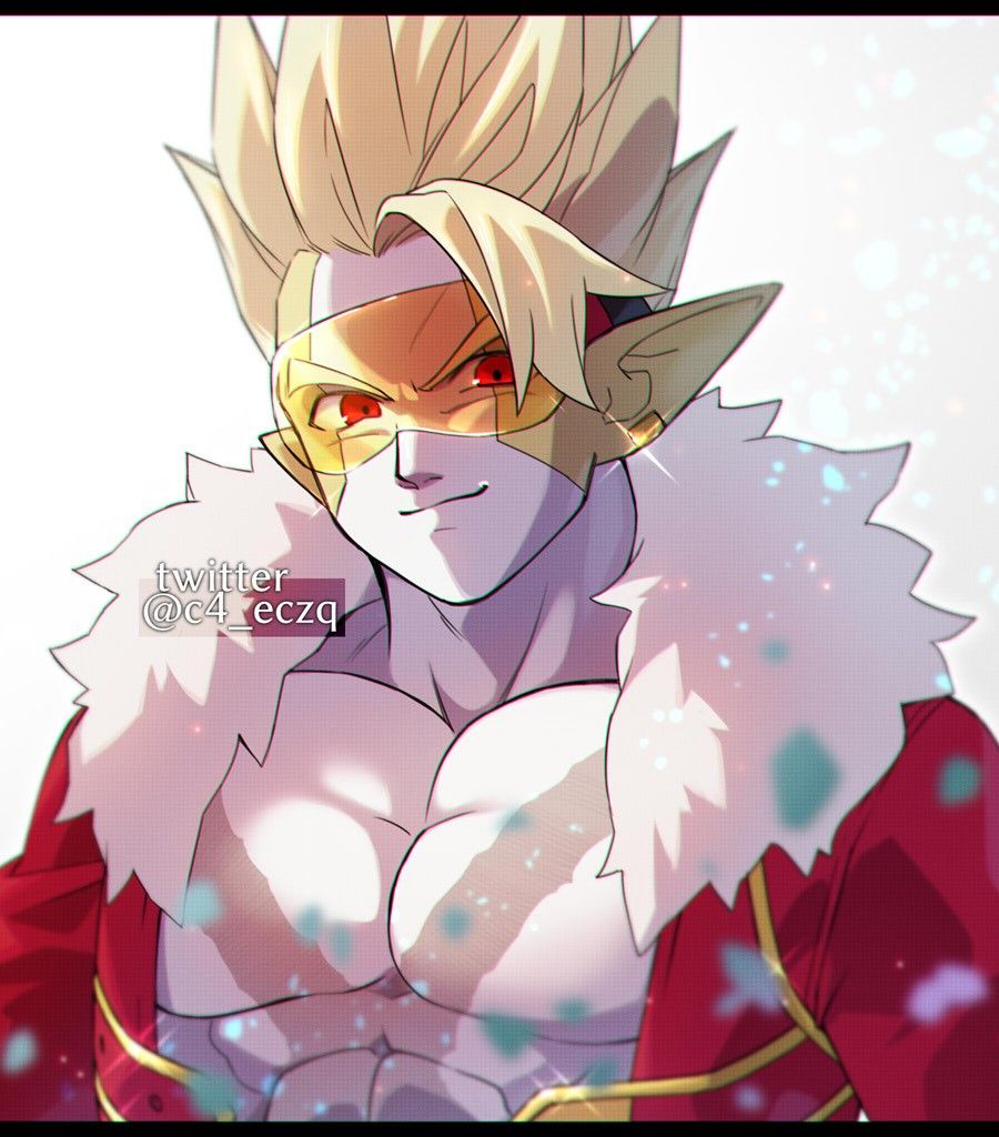1boy, black_border, blonde_hair, blurry, border, closed_mouth, coat, colored_skin, cross_scar, depth_of_field, dragon_ball, dragon_ball_heroes, earrings, fur-trimmed_coat, fur_trim, gold_earrings, hearts_(dragon_ball), jewelry, looking_at_viewer, male_focus, multicolored_skin, muscular, muscular_male, nana_tsuba_(pixiv78353289), pectorals, pointy_ears, red_coat, red_eyes, rimless_eyewear, scar, scar_on_chest, short_hair, single_bang, smile, solo, spiky_hair, third-party_source, tinted_eyewear, twitter_username, two-tone_skin, upper_body, yellow-tinted_eyewear, yellow_skin