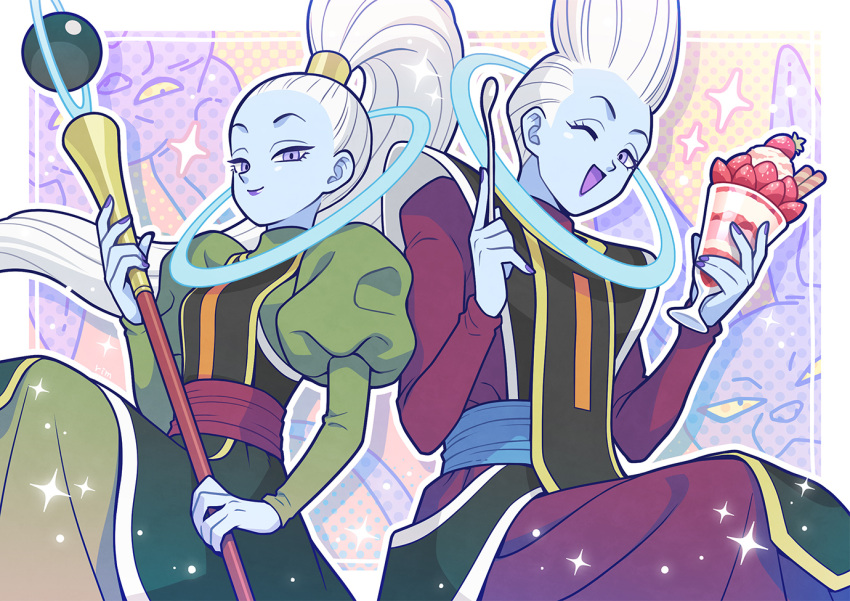 1girl, 3boys, beerus, blue_skin, border, brother_and_sister, brothers, champa_(dragon_ball)