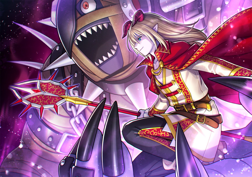 aqua_eyes, azbar_(dragon_quest), belt, black_nails, blonde_hair, blurry, brown_belt, cape, character_request, closed_mouth, colored_skin, commentary_request, demon_boy, depth_of_field, dragon_quest, dragon_quest_x, fingernails, floating_cape, floating_hair, holding, holding_weapon, horns, long_hair, long_sleeves, male_focus, monster, one_eye_covered, pointy_ears, red_cape, red_eyes, red_horns, rim1010, sharp_fingernails, sharp_teeth, spikes, squatting, teeth, weapon, weapon_request