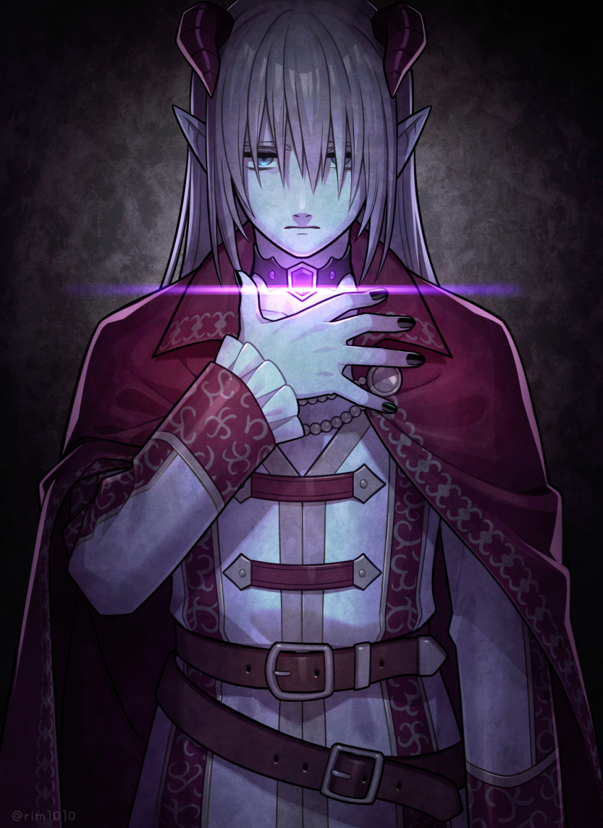 1boy, azbar_(dragon_quest), belt, black_choker, black_nails, blonde_hair, blue_eyes, brown_belt