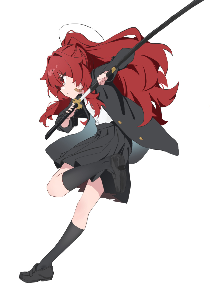 1girl, absurdres, ashiharatsumori_koito, bandaid, bandaid_on_face, black_footwear, black_jacket, black_skirt