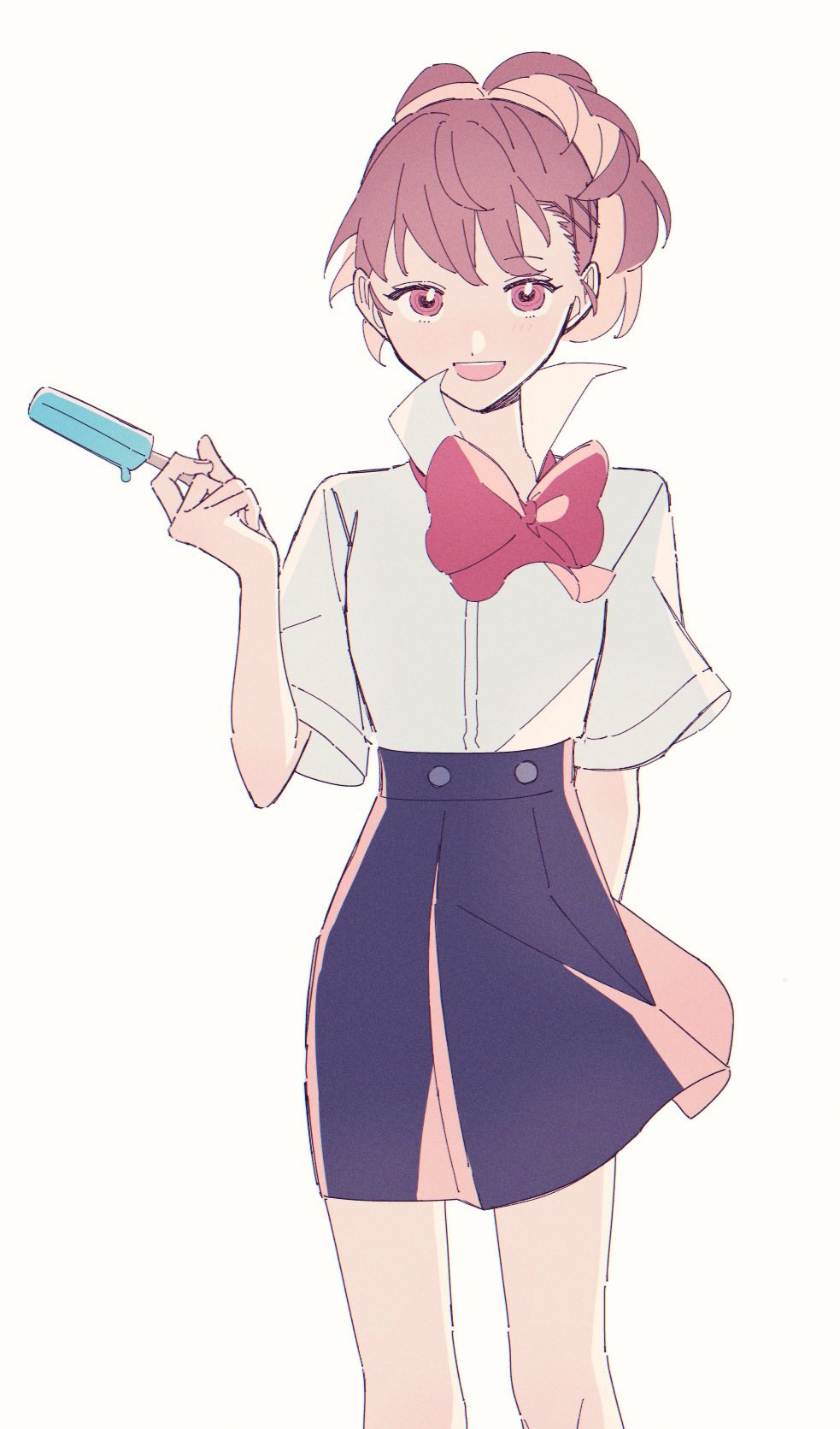 1girl, arm_behind_back, black_skirt, bow, bowtie, brown_hair, collared_shirt, cowboy_shot