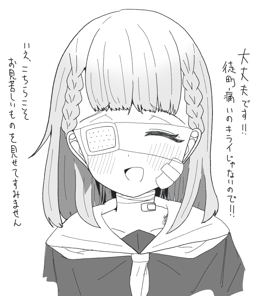 1girl, absurdres, bandages, bandaid, blush, braid, closed_eyes, eyepatch