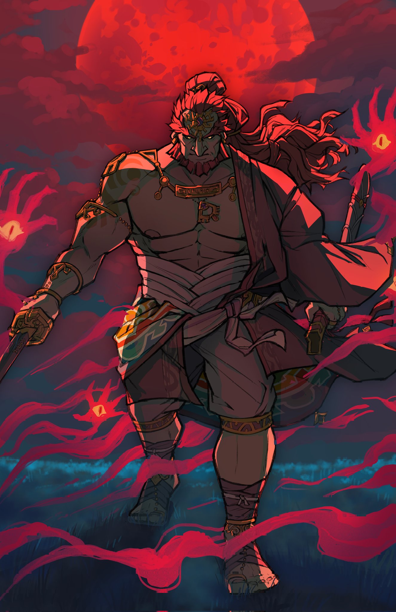 abs, asymmetrical_clothes, beard, biceps, black_sclera, broad_shoulders, chest_jewel, clouds, colored_sclera, eye_in_palm, facial_hair, floating_hair, foot_jewelry, forehead_jewel, frown, full_moon, furrowed_brow, ganondorf, gem, glowing, glowing_eyes, half_up_bun, half_updo, highres, holding, holding_sheath, holding_sword, holding_weapon, katana, large_pectorals, long_hair, lukellios, magatama, miasma, moon, muscular, muscular_male, ootachi, pants, pectorals, red_gemstone, red_moon, red_sky, red_theme, redhead, sarashi, secret_stone, serious, sheath, single_bare_shoulder, sky, slit_pupils, sword, the_legend_of_zelda, the_legend_of_zelda:_tears_of_the_kingdom, thick_eyebrows, topknot, unsheathed, walking, weapon, white_pants, wind, yellow_eyes, yellow_sclera