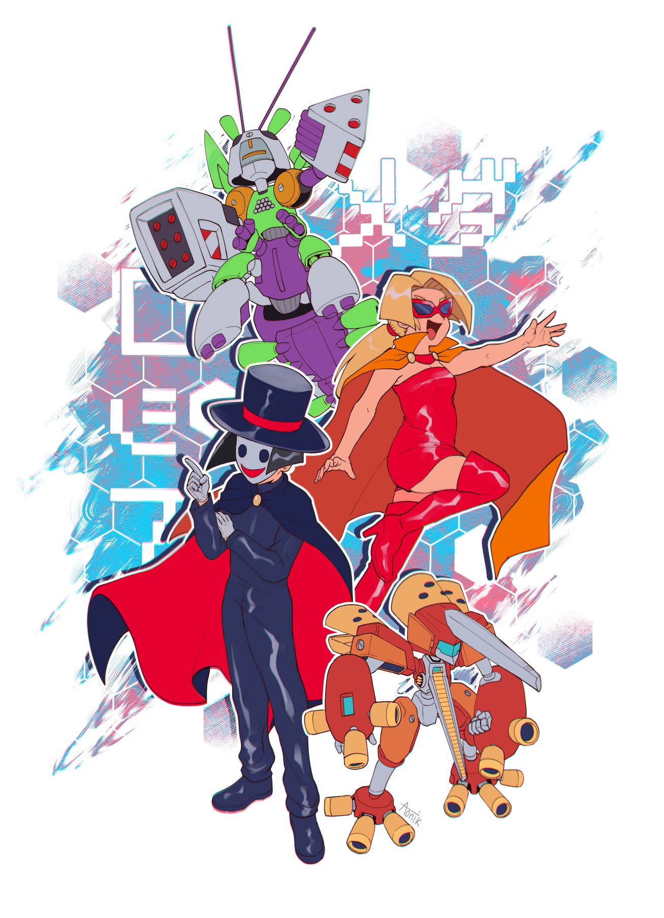 3boys, aonik, archbeetle, black_bodysuit, black_hat, blonde_hair, bodysuit, boots, dress, eye_mask, god-emperor_(medarot), hat, highres, kaitou_retort, lady_retort, long_hair, medarot, multiple_boys, ponytail, red_dress, red_footwear, short_hair, strapless, strapless_dress, thigh_boots, top_hat, white_mask