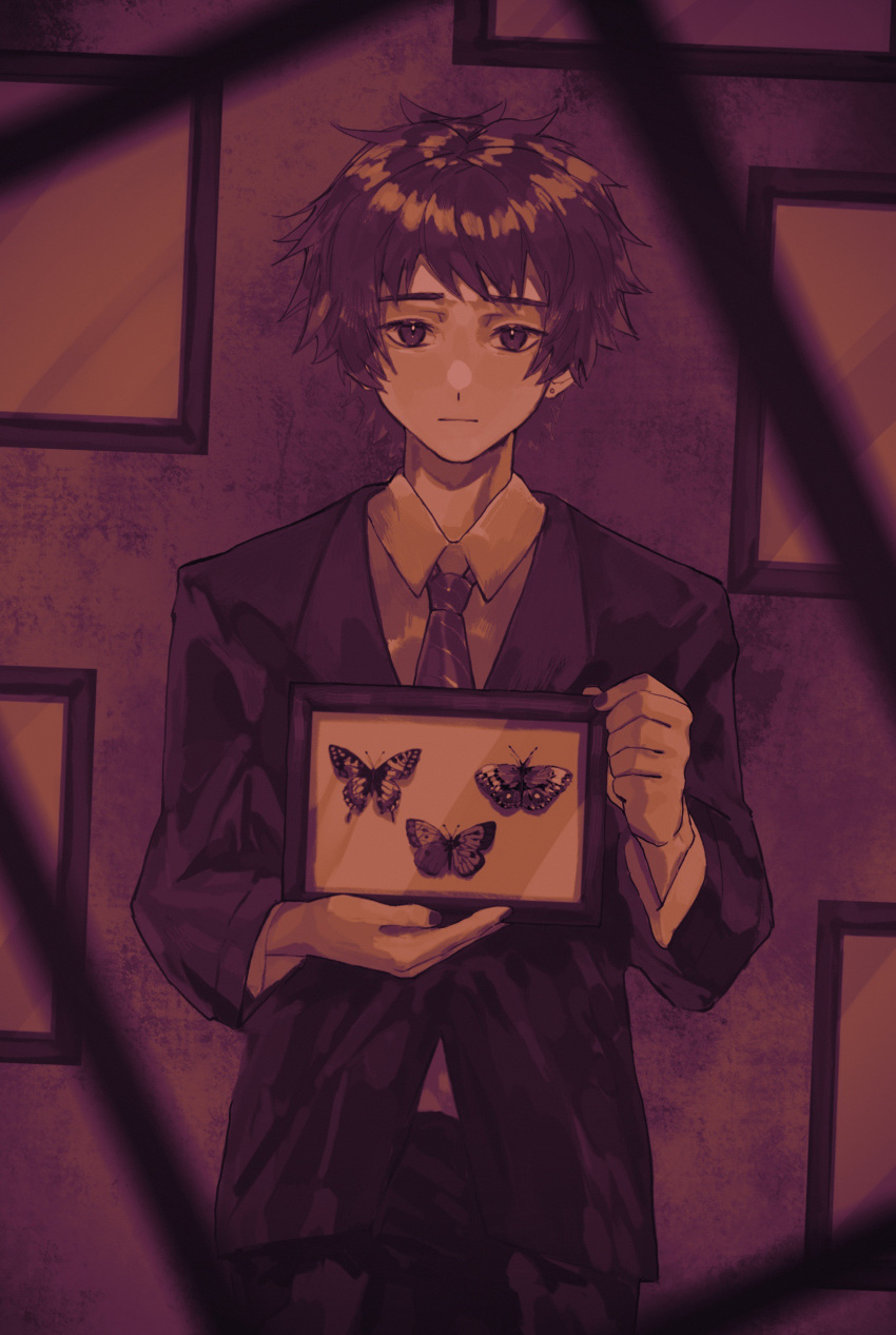 1boy, :|, absurdres, bug, butterfly, chinese_commentary, closed_mouth, collared_shirt