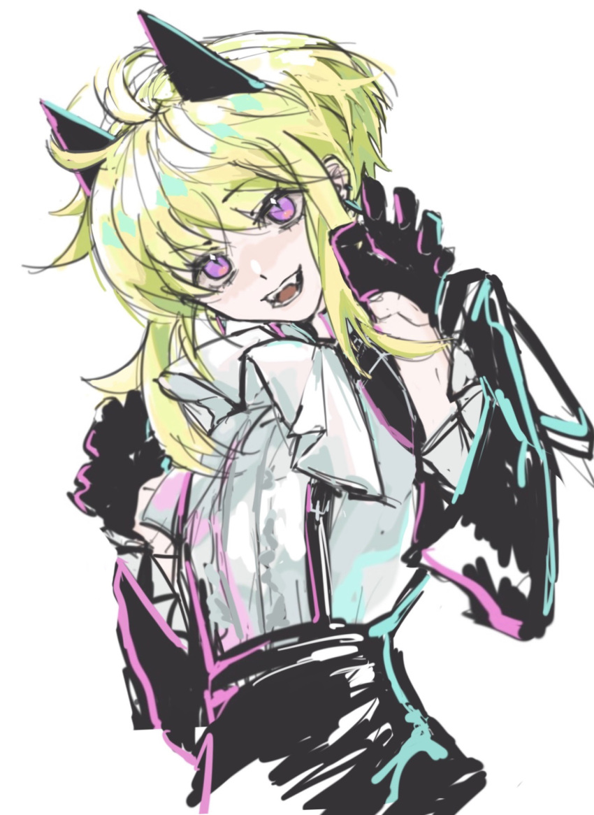 1girl, black_gloves, black_jacket, blonde_hair, character_request, check_character, chinese_commentary, collared_shirt, commentary_request, fang, fur-trimmed_jacket, fur_trim, gloves, half_gloves, highres, jacket, lio_fotia, long_sleeves, m-pingguosuan, open_mouth, promare, shirt, short_hair_with_long_locks, simple_background, sketch, smile, solo, upper_body, violet_eyes, white_background, white_shirt