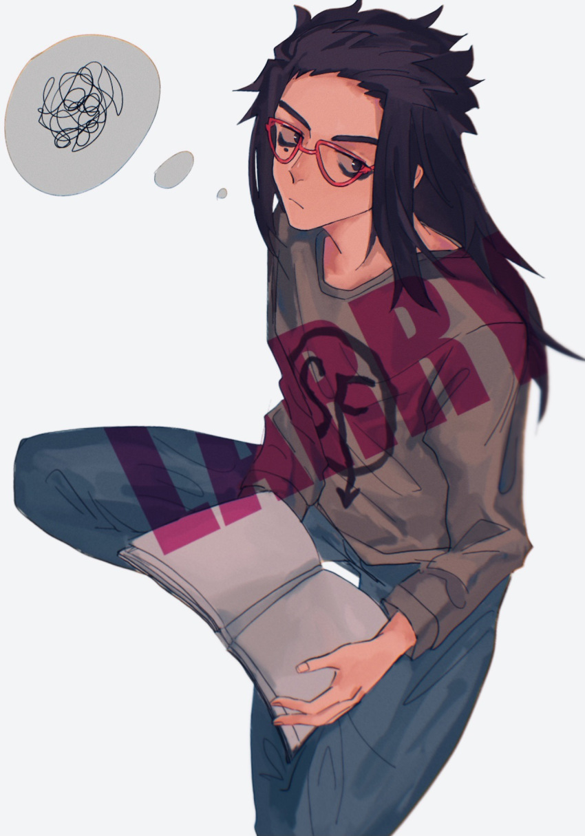 1boy, black_eyes, black_hair, blue_pants, book, book_on_lap, character_name, chinese_commentary, closed_mouth, commentary_request, forehead, frown, glasses, grey_shirt, highres, larry_johnson, long_hair, long_sleeves, m-pingguosuan, male_focus, mole, mole_under_eye, open_book, pants, red-framed_eyewear, sally_face, shirt, simple_background, sitting, solo, squiggle, thought_bubble, white_background