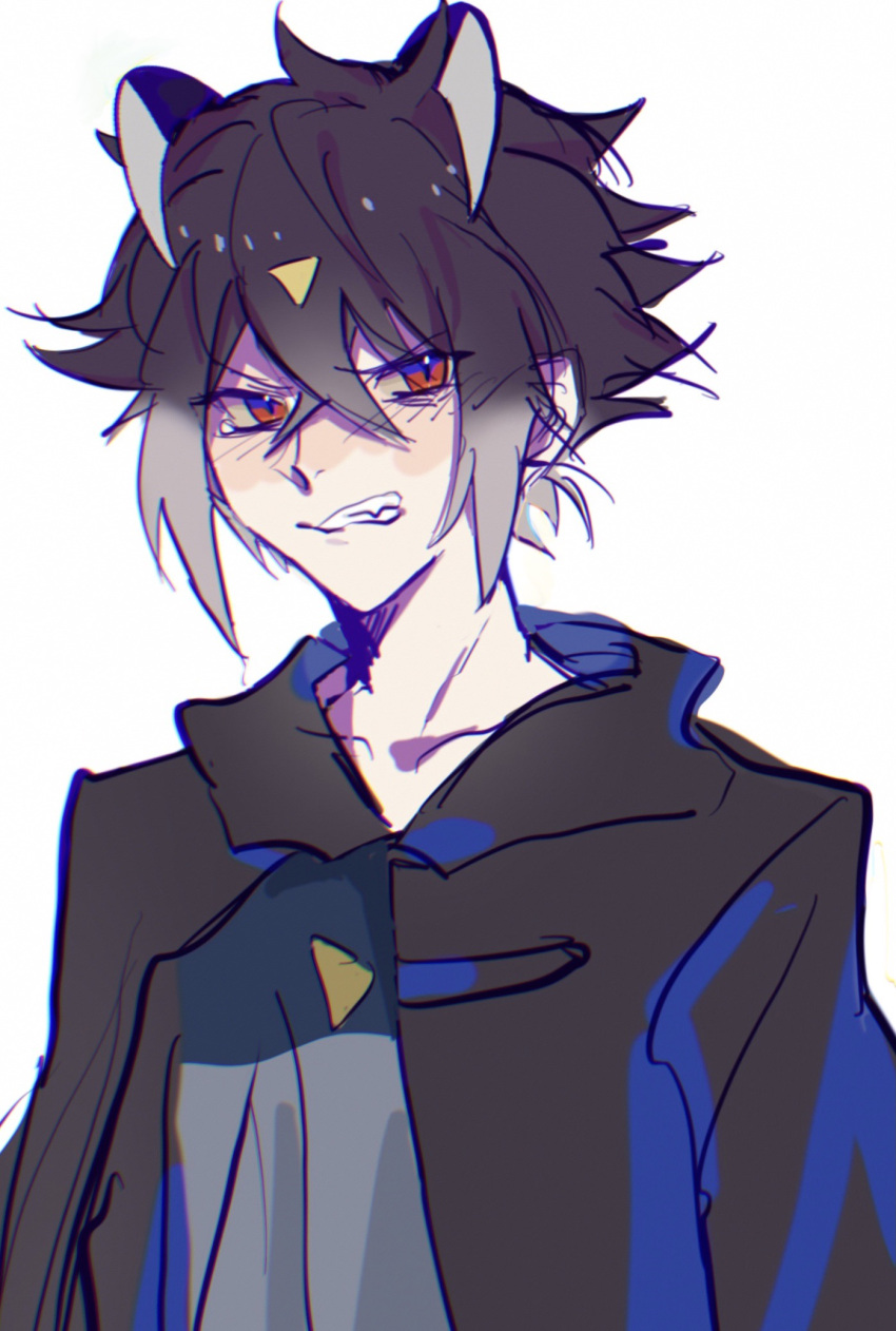 1boy, animal_ears, black_cloak, black_hair, chinese_commentary, clenched_teeth, cloak, commentary_request