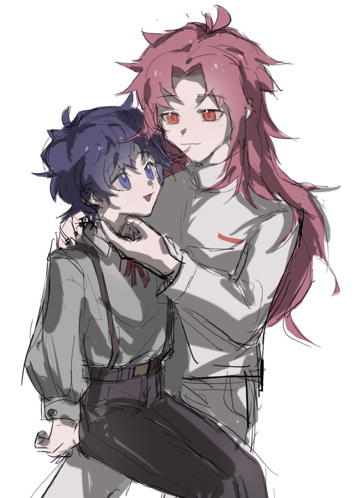 2boys, age_difference, aged_down, black_pants, blue_eyes, blue_hair, child, chinese_commentary