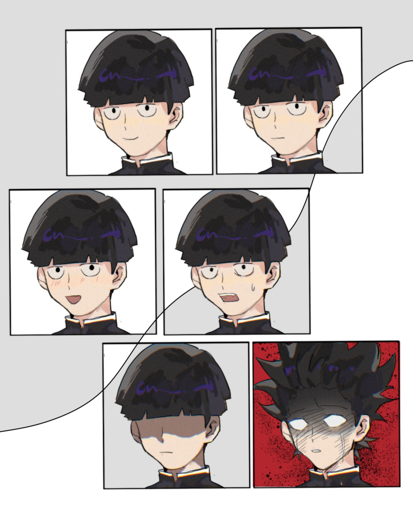 1boy, :|, black_eyes, black_hair, black_shirt, blank_eyes, bowl_cut, chinese_commentary