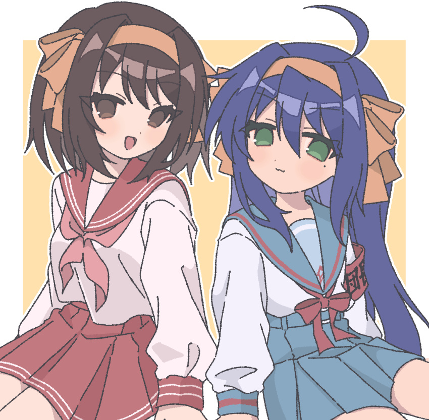 2girls, :3, :d, armband, blue_eyes, blue_hair, blue_sailor_collar, blue_skirt